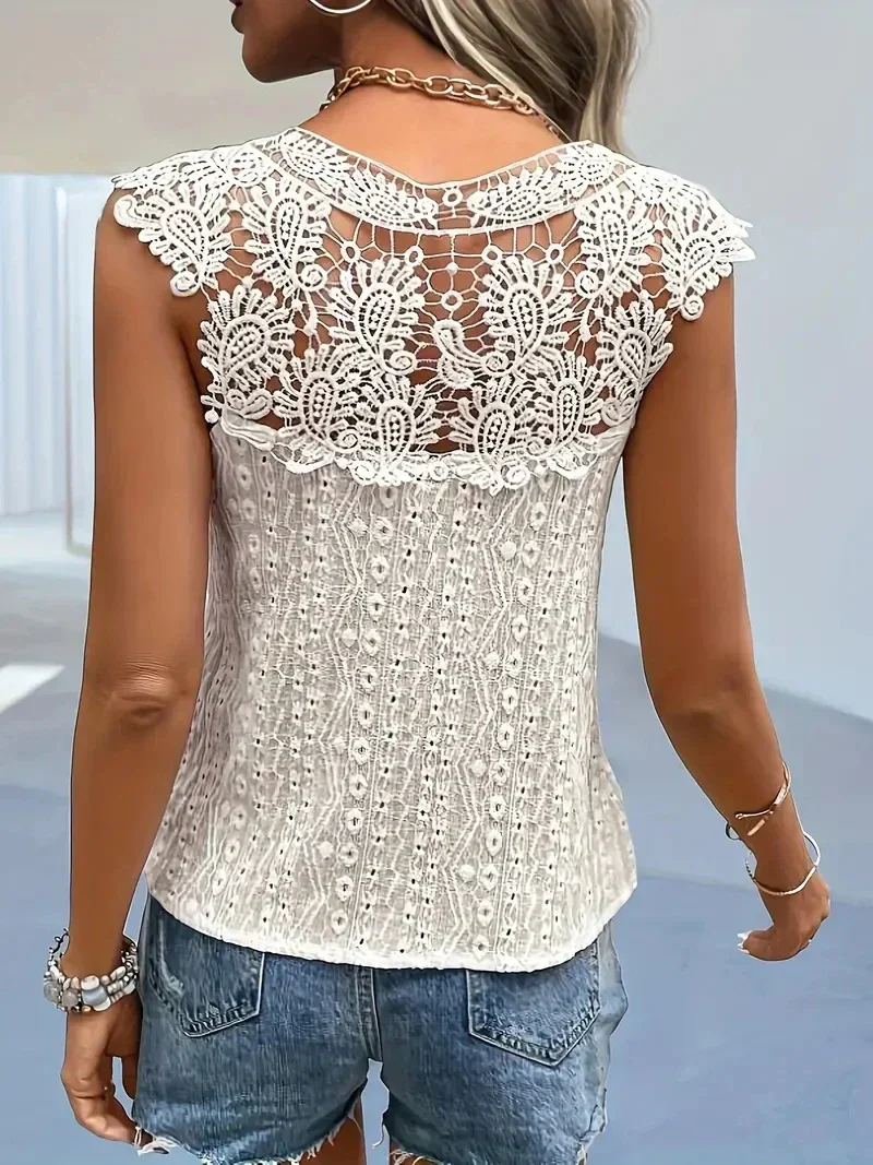 Heidi-Mode | Spitzenshirt Vintage Elegantes Ärmelloses V-Ausschnitt Damen Sommer T-Shirt - Image 2