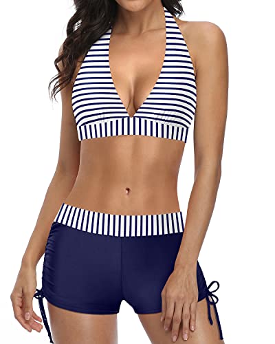 Heidi-Mode | Sportlicher Zweiteiler Badeanzug mit Push Up Bikini und Boyshort Blau Weiß Gestreift - Image 4