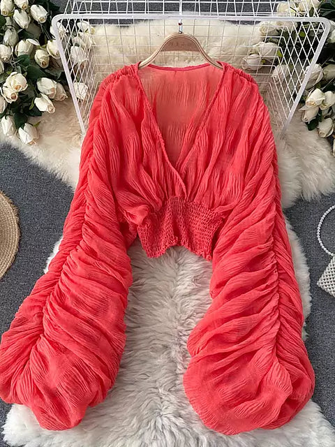 Heidi-Mode | Elegantes Chiffon V-Leder Puff Lange Ärmel Kurze Tops - Image 11