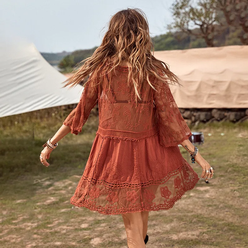 Heidi-Mode | Strandüberwurf V-Ausschnitt Häkel Tunika Kleid - Image 5