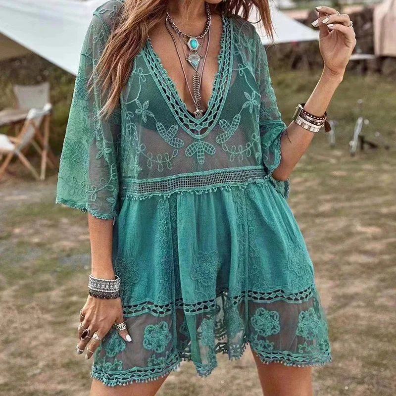 Heidi-Mode | Strandüberwurf V-Ausschnitt Häkel Tunika Kleid - Image 7