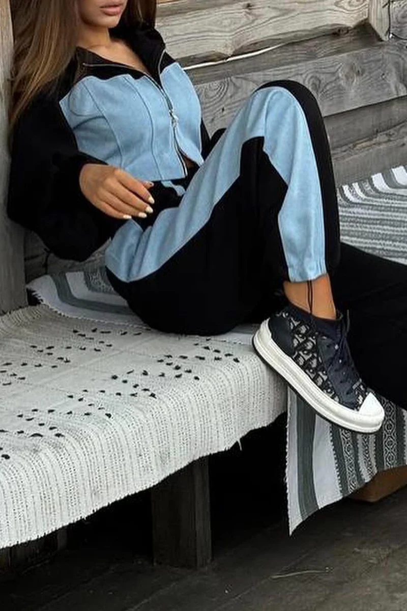 Heidi-Mode | Street Sportswear Patchwork Reißverschluss Kontrast Kapuzen Langarm Zwei Teile - 3 Farben - Image 3