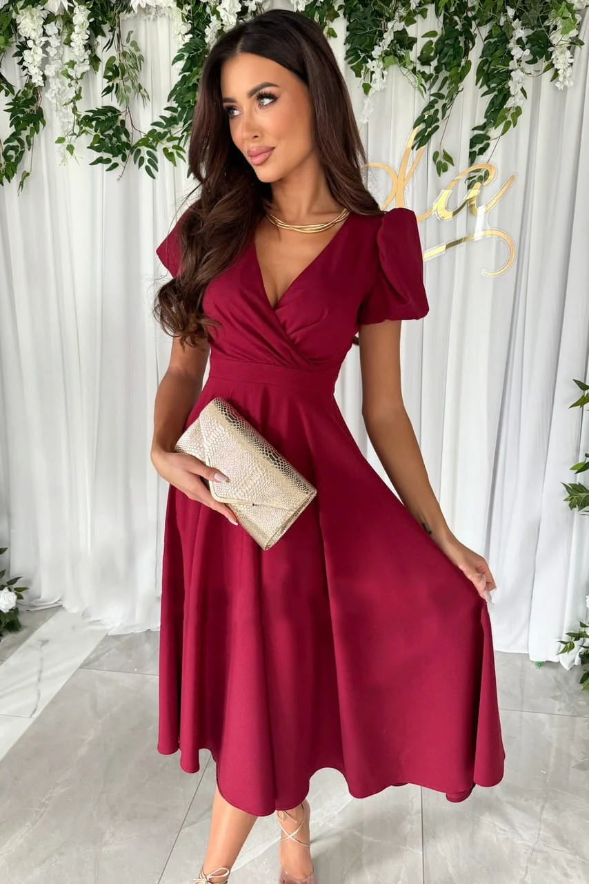 Heidi-Mode | Stylisches Pendeln Unifarbe V-Ausschnitt Puffärmel Kleid - Image 5