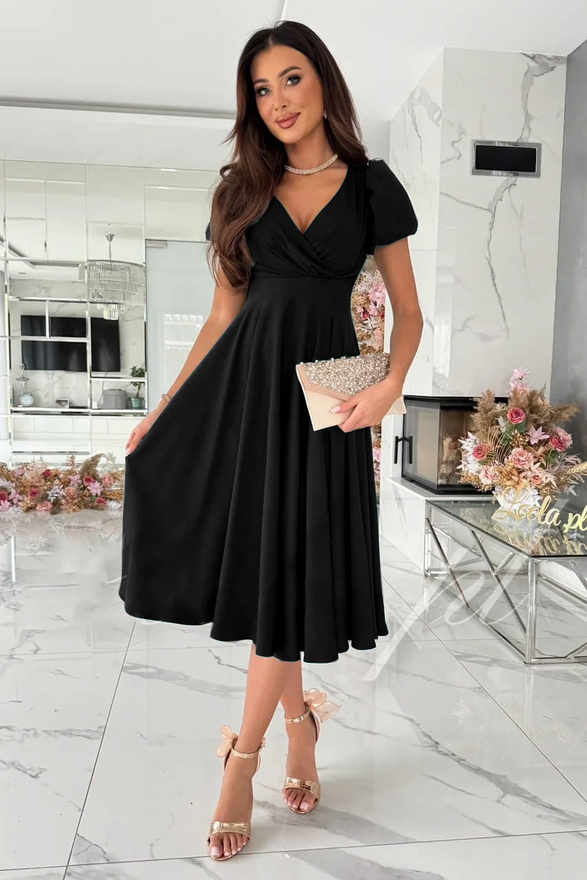 Heidi-Mode | Stylisches Pendeln Unifarbe V-Ausschnitt Puffärmel Kleid - Image 6