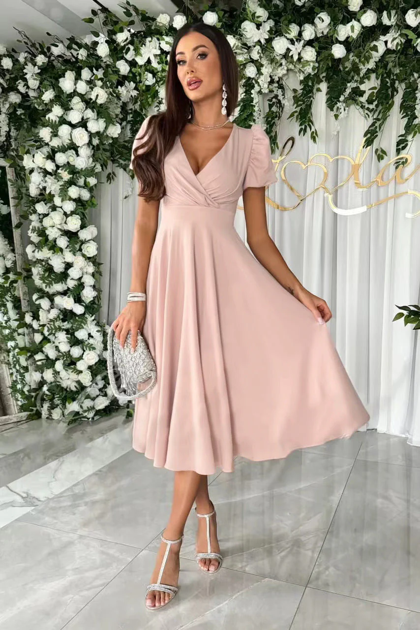 Heidi-Mode | Stylisches Pendeln Unifarbe V-Ausschnitt Puffärmel Kleid - Image 8