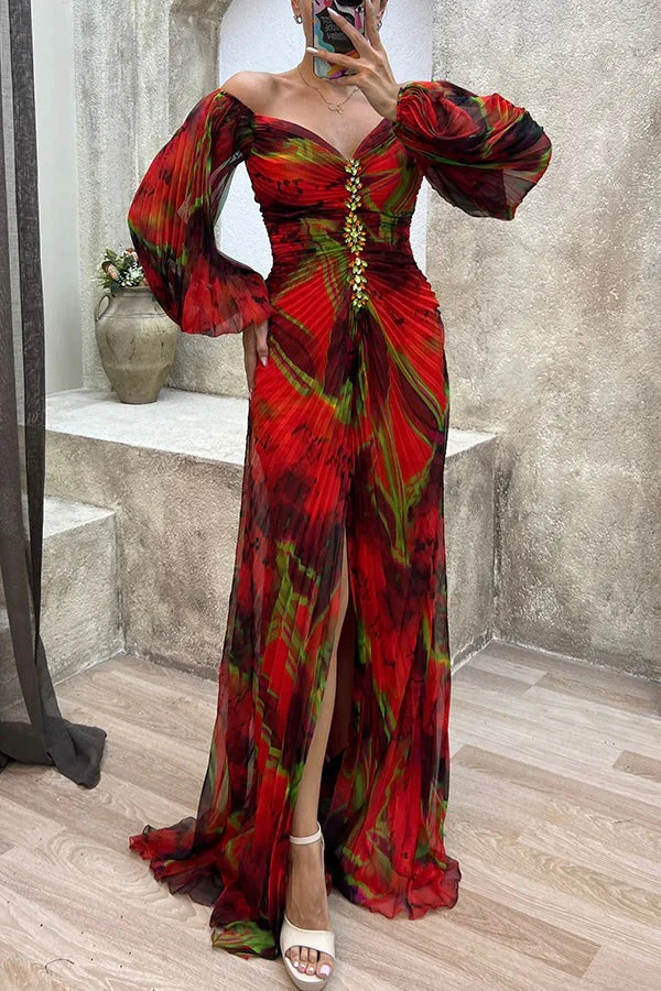 Heidi-Mode | Sunset Serenade Bedrucktes Off-Shoulder Maxikleid mit Diamantverzierungen und Faltenröcken mit Schlitz - Image 11