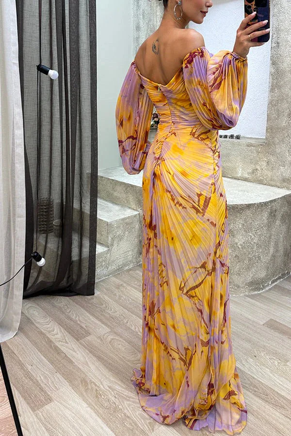 Heidi-Mode | Sunset Serenade Bedrucktes Off-Shoulder Maxikleid mit Diamantverzierungen und Faltenröcken mit Schlitz - Image 3