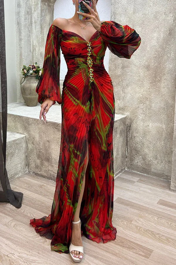 Heidi-Mode | Sunset Serenade Bedrucktes Off-Shoulder Maxikleid mit Diamantverzierungen und Faltenröcken mit Schlitz - Image 5