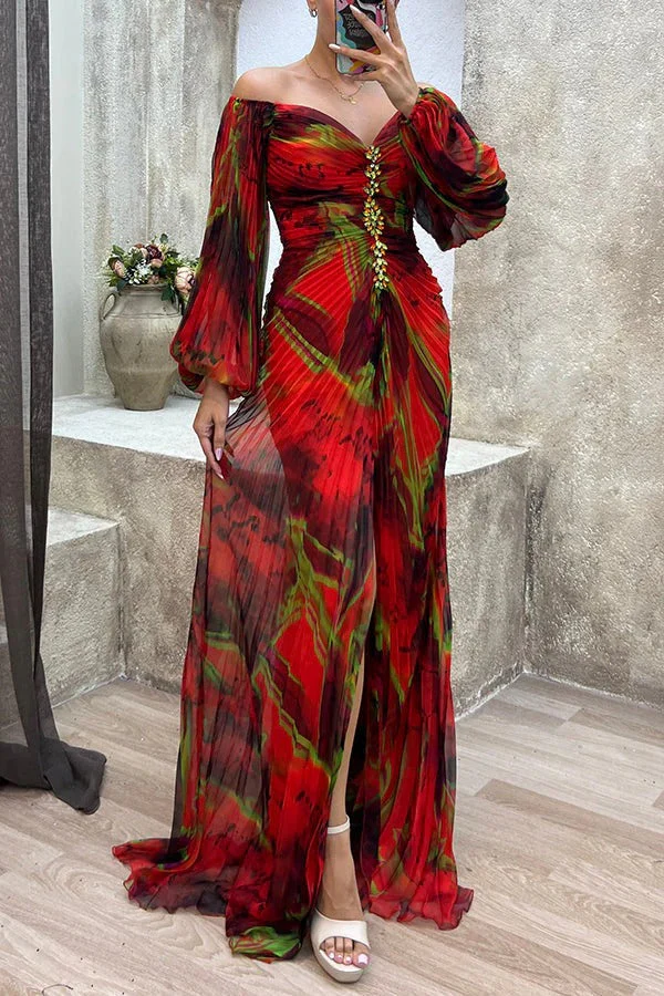 Heidi-Mode | Sunset Serenade Bedrucktes Off-Shoulder Maxikleid mit Diamantverzierungen und Faltenröcken mit Schlitz - Image 7