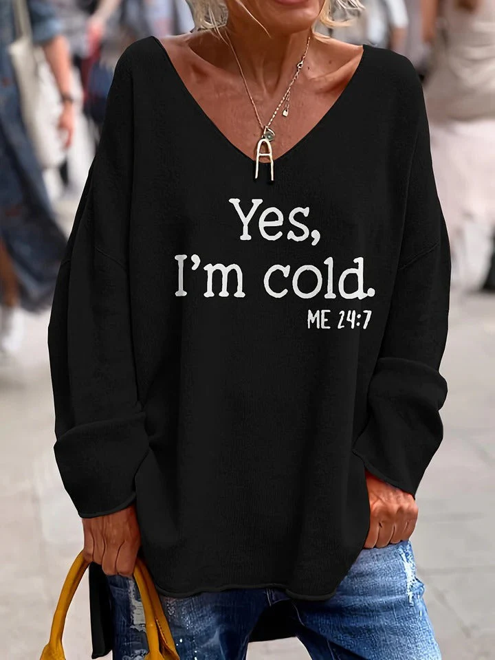 Heidi-Mode | Sweater Übergröße Passform Weicher Strick V-Ausschnitt Textdruck Lange Ärmel - Image 3