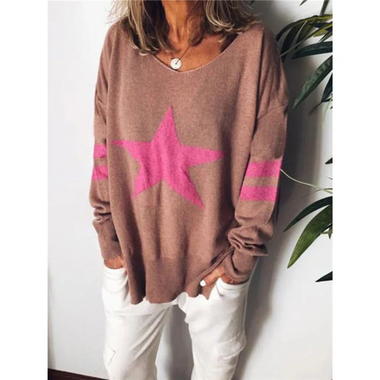 Heidi-Mode | Sweater Relaxed Fit Weiche Strick Stern Druck Lange Ärmel