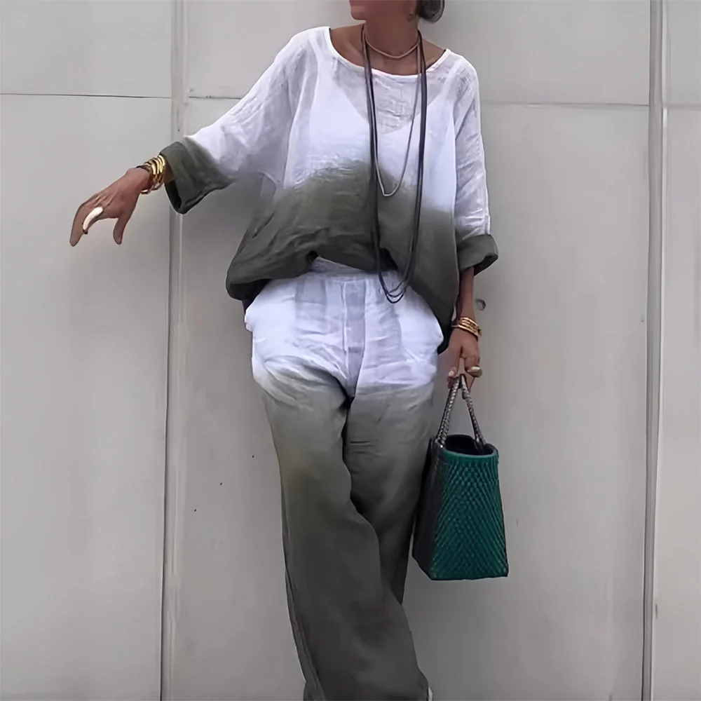 Heidi-Mode | T-Shirt + Hose Aus Baumwolle und Leinen mit Farbverlauf und Rundhalsausschnitt für Damen - Image 10