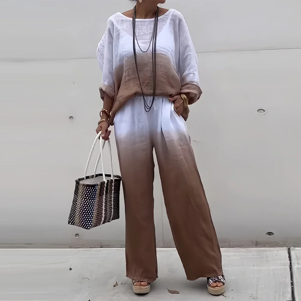 Heidi-Mode | T-Shirt + Hose Aus Baumwolle und Leinen mit Farbverlauf und Rundhalsausschnitt für Damen - Image 11