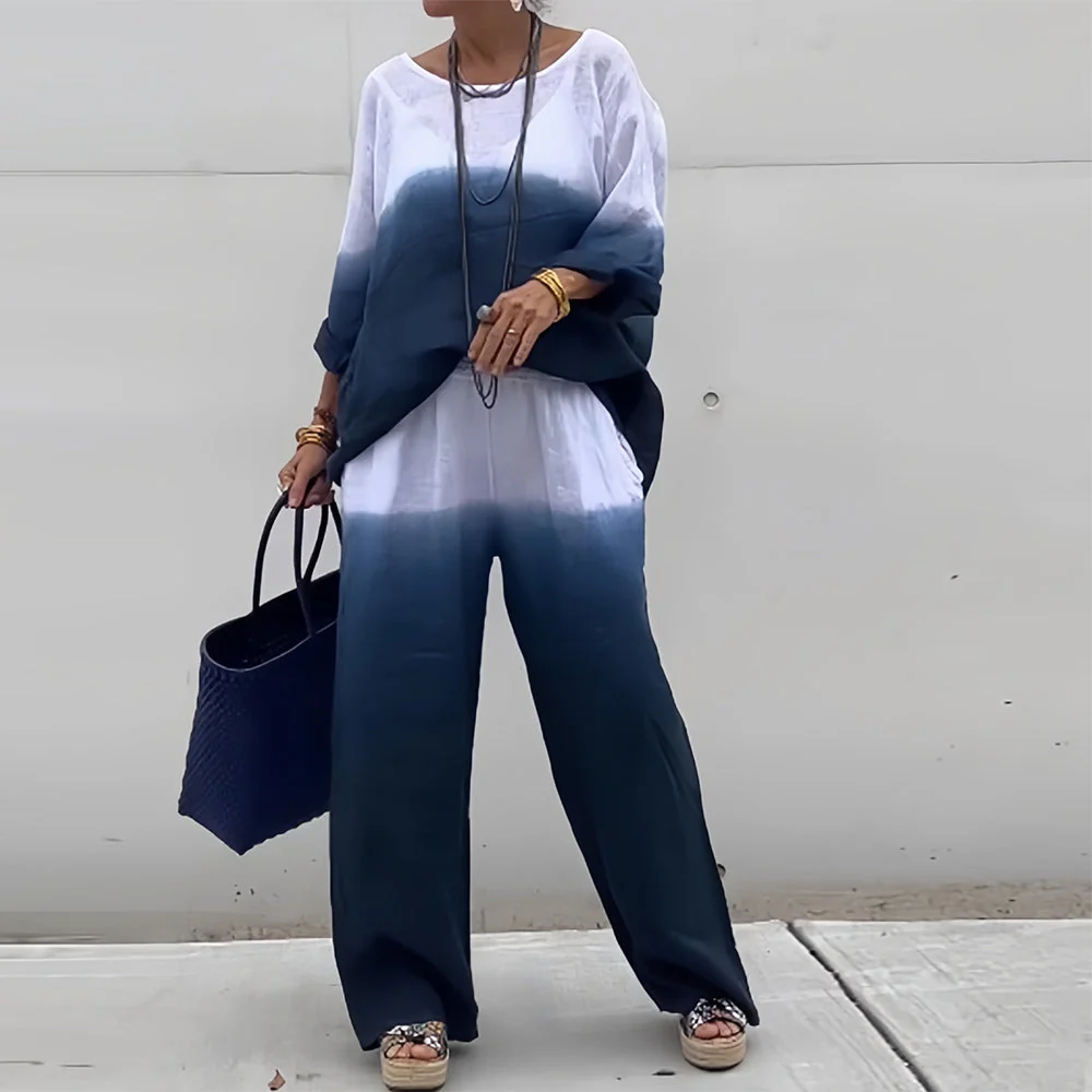 Heidi-Mode | T-Shirt + Hose Aus Baumwolle und Leinen mit Farbverlauf und Rundhalsausschnitt für Damen - Image 12