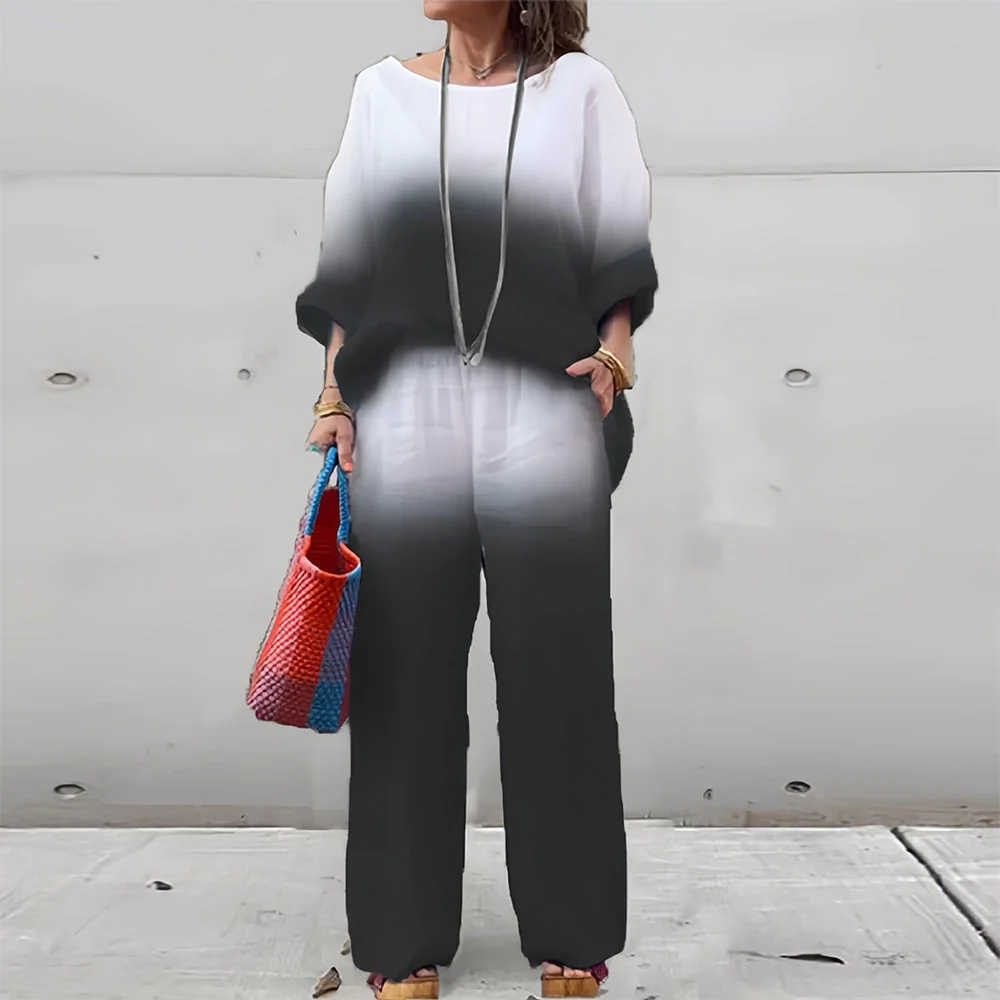 Heidi-Mode | T-Shirt + Hose Aus Baumwolle und Leinen mit Farbverlauf und Rundhalsausschnitt für Damen - Image 13