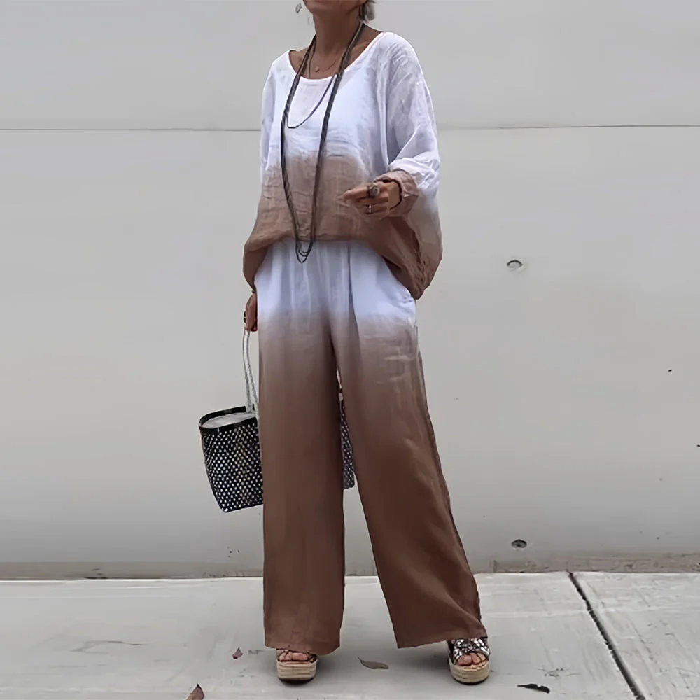 Heidi-Mode | T-Shirt + Hose Aus Baumwolle und Leinen mit Farbverlauf und Rundhalsausschnitt für Damen - Image 3