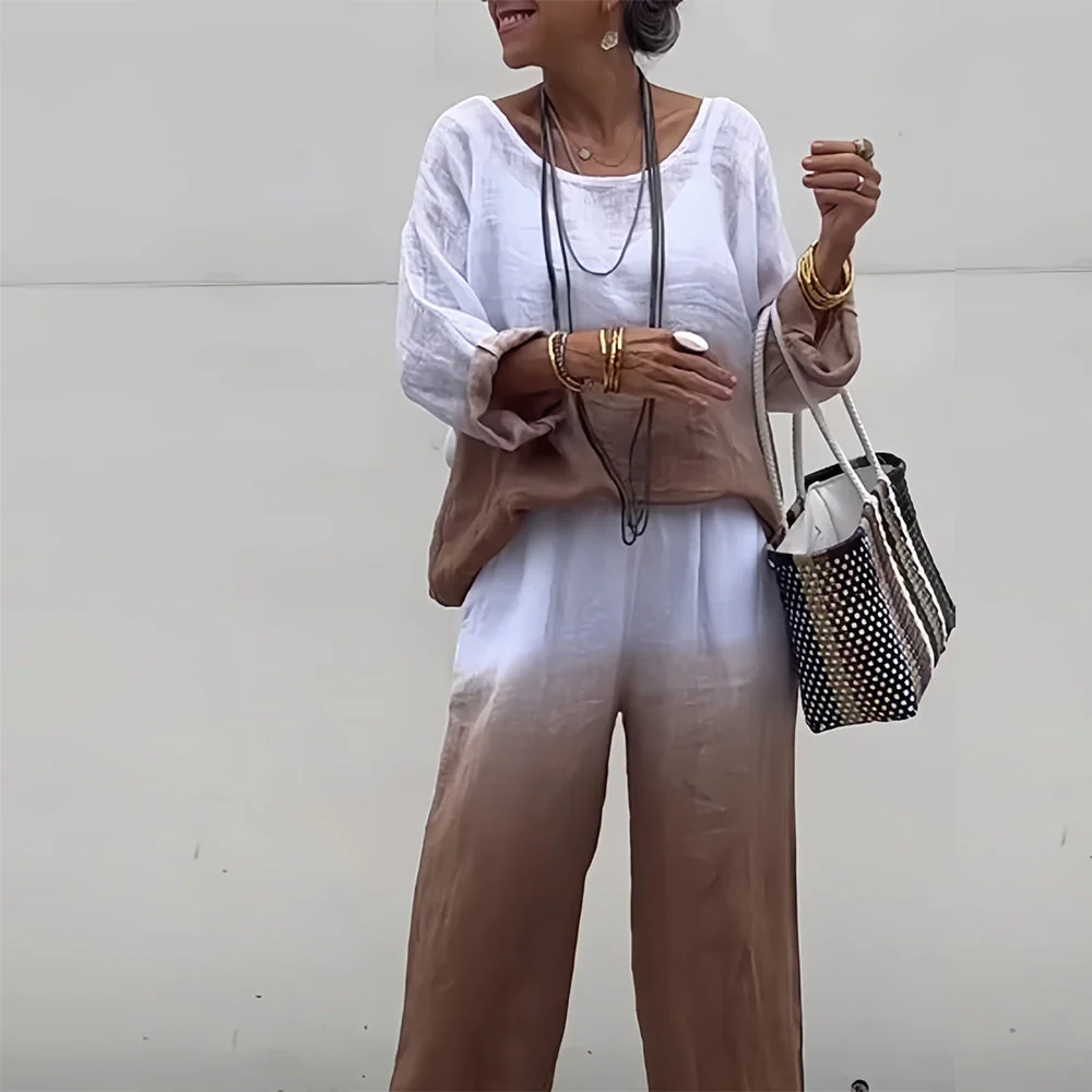 Heidi-Mode | T-Shirt + Hose Aus Baumwolle und Leinen mit Farbverlauf und Rundhalsausschnitt für Damen - Image 4