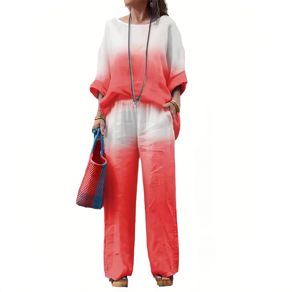 Heidi-Mode | T-Shirt + Hose Aus Baumwolle und Leinen mit Farbverlauf und Rundhalsausschnitt für Damen - Image 8