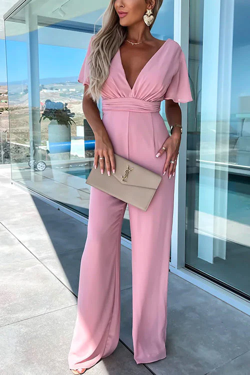 Heidi-Mode | Rosiedress Tiefer V-Ausschnitt Rüschensleeve Hoch Taille Weite Bein Jumpsuit - Image 2