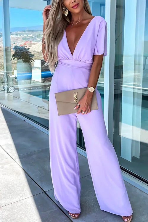 Heidi-Mode | Rosiedress Tiefer V-Ausschnitt Rüschensleeve Hoch Taille Weite Bein Jumpsuit - Image 5