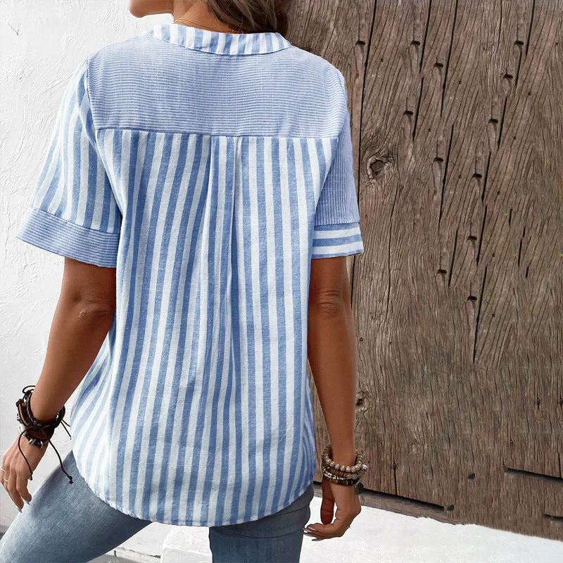 Heidi-Mode | V-Ausschnitt Asymmetrisches Streifen-Patchwork-Top - Image 3