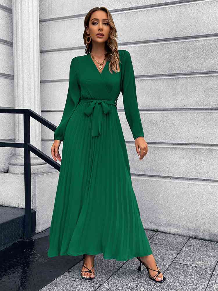Heidi-Mode | V-Ausschnitt Bindegürtel Falten Maxi Kleid - Image 11
