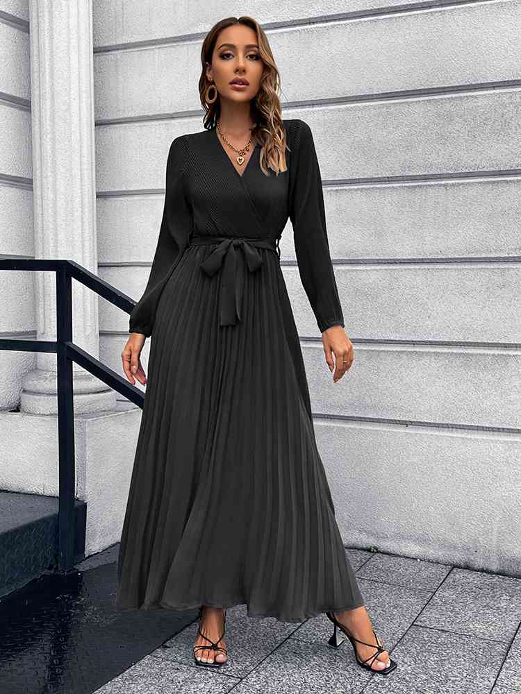 Heidi-Mode | V-Ausschnitt Bindegürtel Falten Maxi Kleid - Image 12