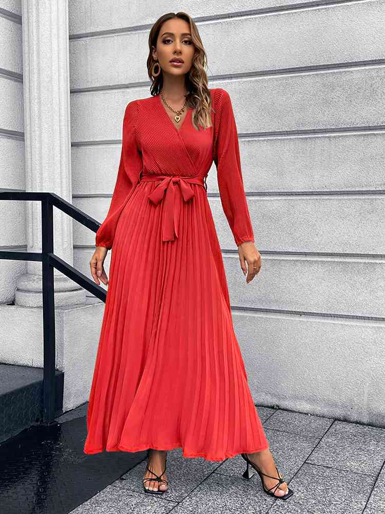 Heidi-Mode | V-Ausschnitt Bindegürtel Falten Maxi Kleid - Image 13