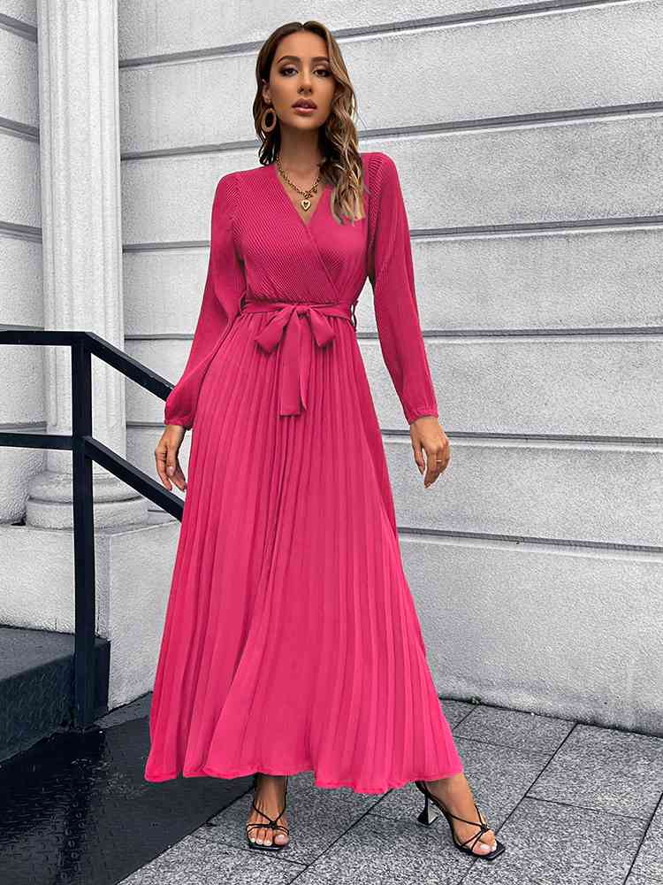 Heidi-Mode | V-Ausschnitt Bindegürtel Falten Maxi Kleid - Image 15