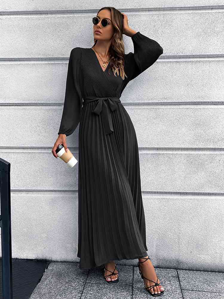 Heidi-Mode | V-Ausschnitt Bindegürtel Falten Maxi Kleid - Image 3