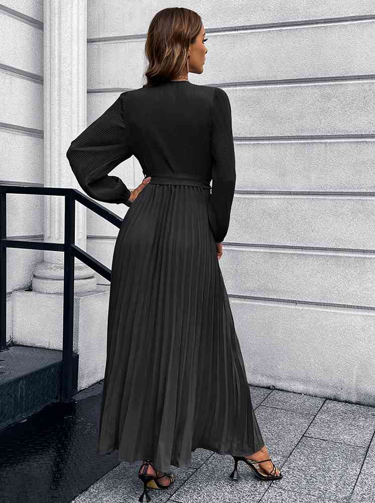 Heidi-Mode | V-Ausschnitt Bindegürtel Falten Maxi Kleid - Image 4