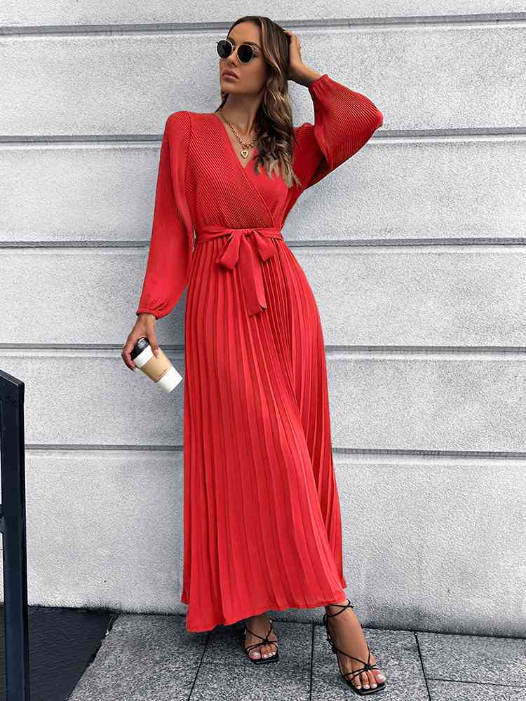 Heidi-Mode | V-Ausschnitt Bindegürtel Falten Maxi Kleid - Image 5