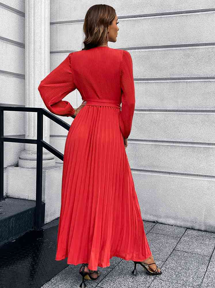 Heidi-Mode | V-Ausschnitt Bindegürtel Falten Maxi Kleid - Image 6