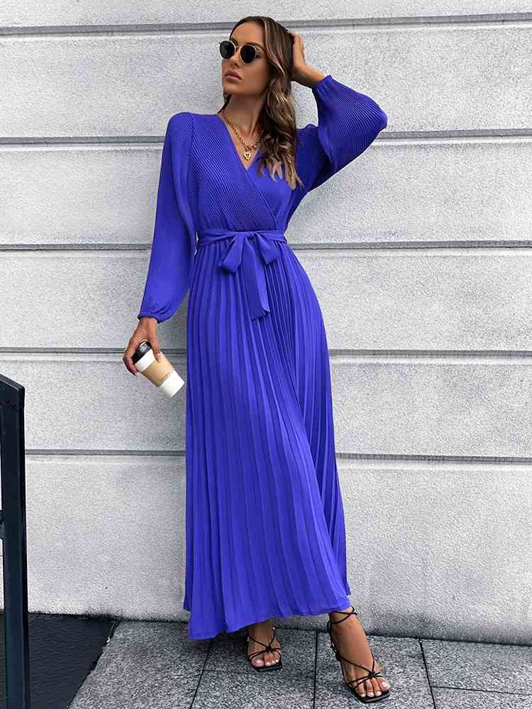 Heidi-Mode | V-Ausschnitt Bindegürtel Falten Maxi Kleid - Image 7