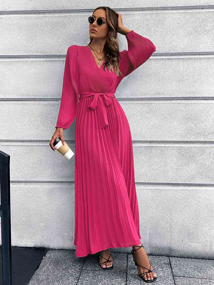 Heidi-Mode | V-Ausschnitt Bindegürtel Falten Maxi Kleid - Image 9