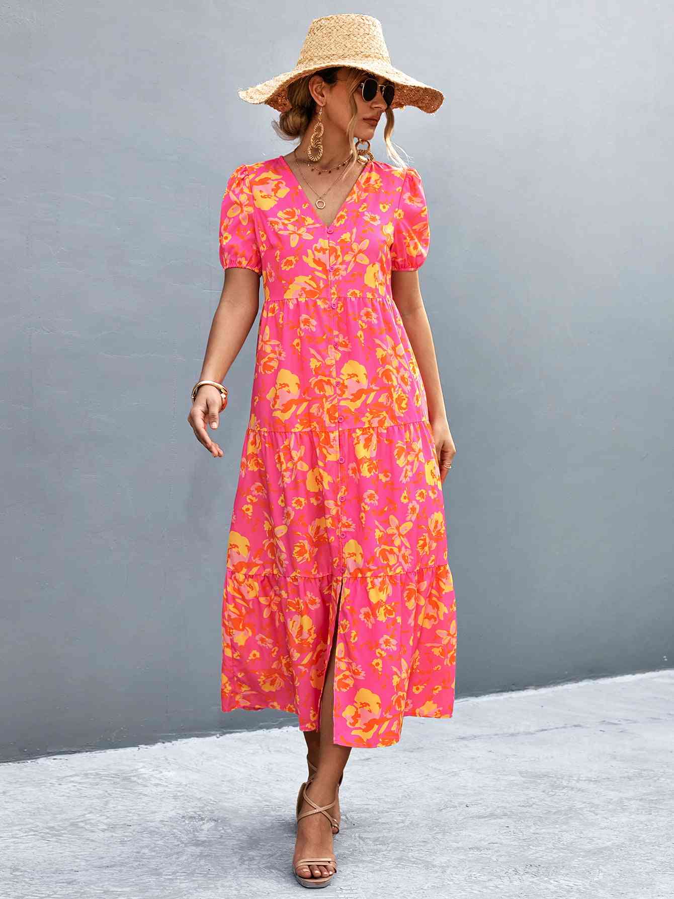Heidi-Mode | V-Ausschnitt Kurzarm Hohe Schlitz Midi Kleid - Image 12