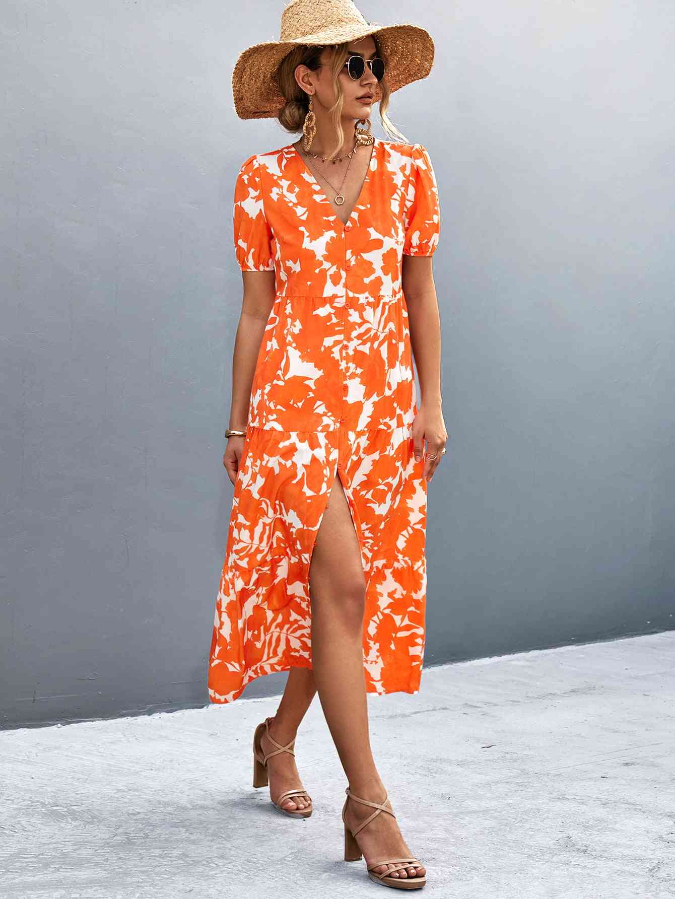 Heidi-Mode | V-Ausschnitt Kurzarm Hohe Schlitz Midi Kleid - Image 2