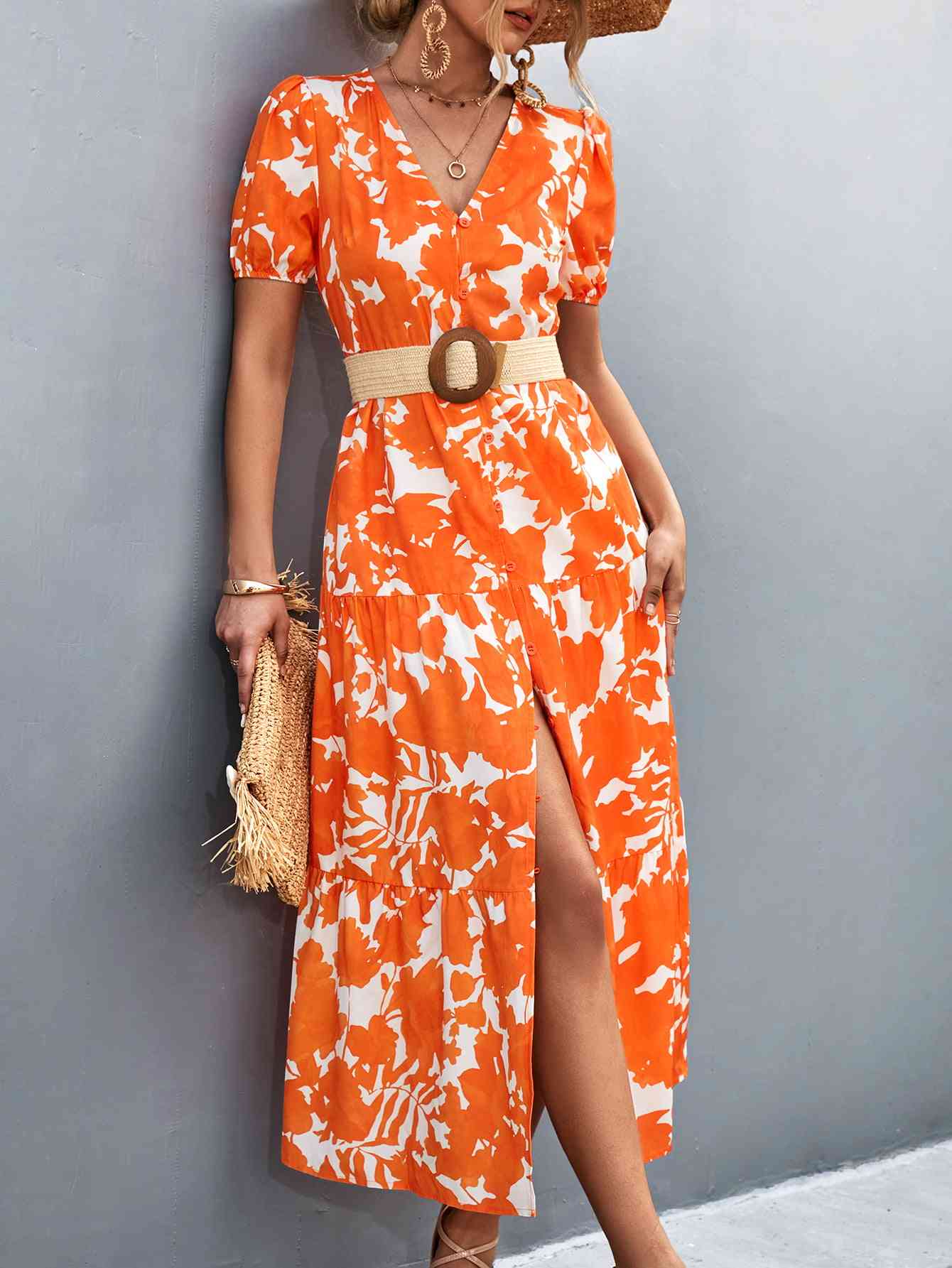 Heidi-Mode | V-Ausschnitt Kurzarm Hohe Schlitz Midi Kleid - Image 5