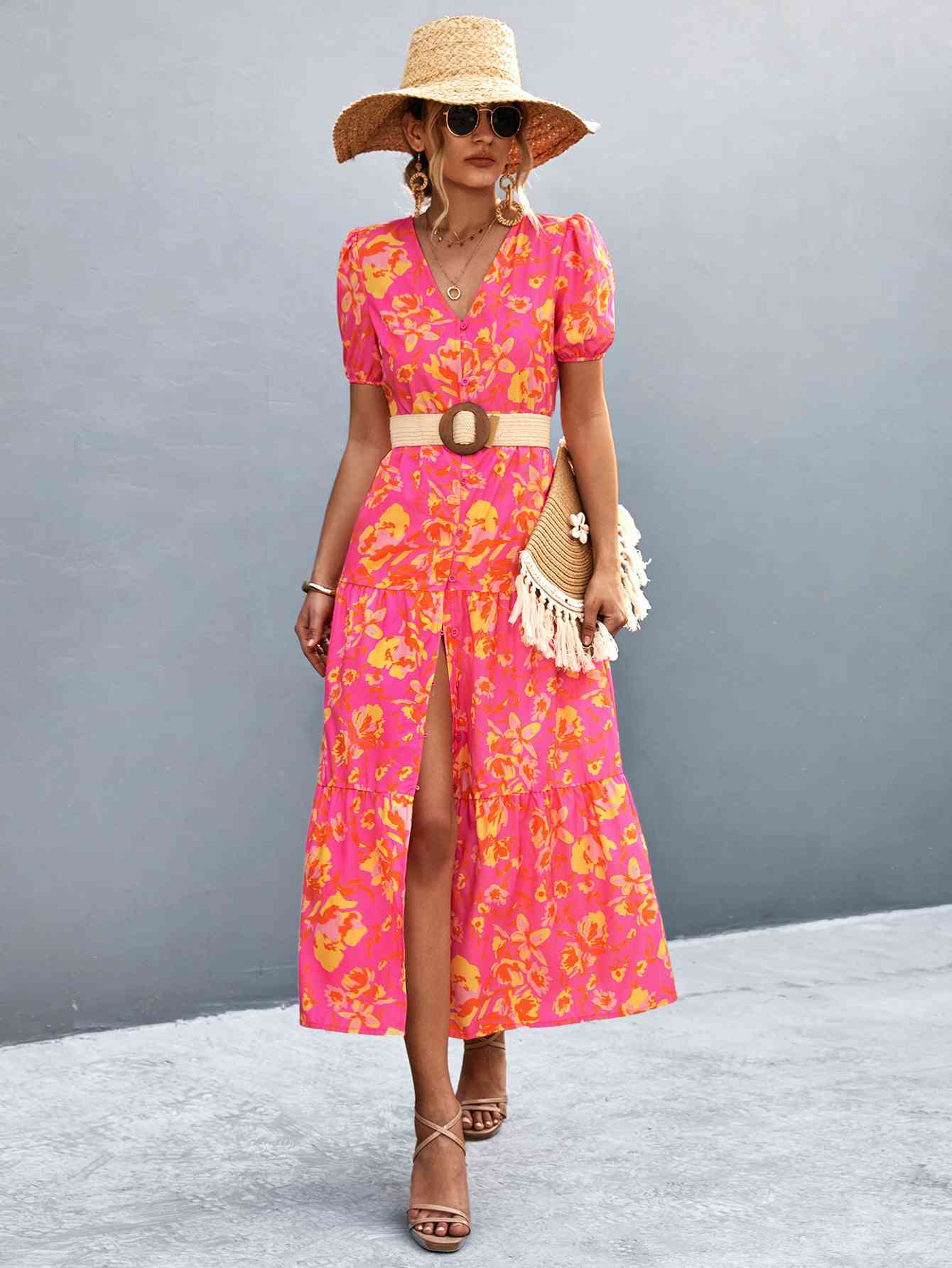 Heidi-Mode | V-Ausschnitt Kurzarm Hohe Schlitz Midi Kleid - Image 6