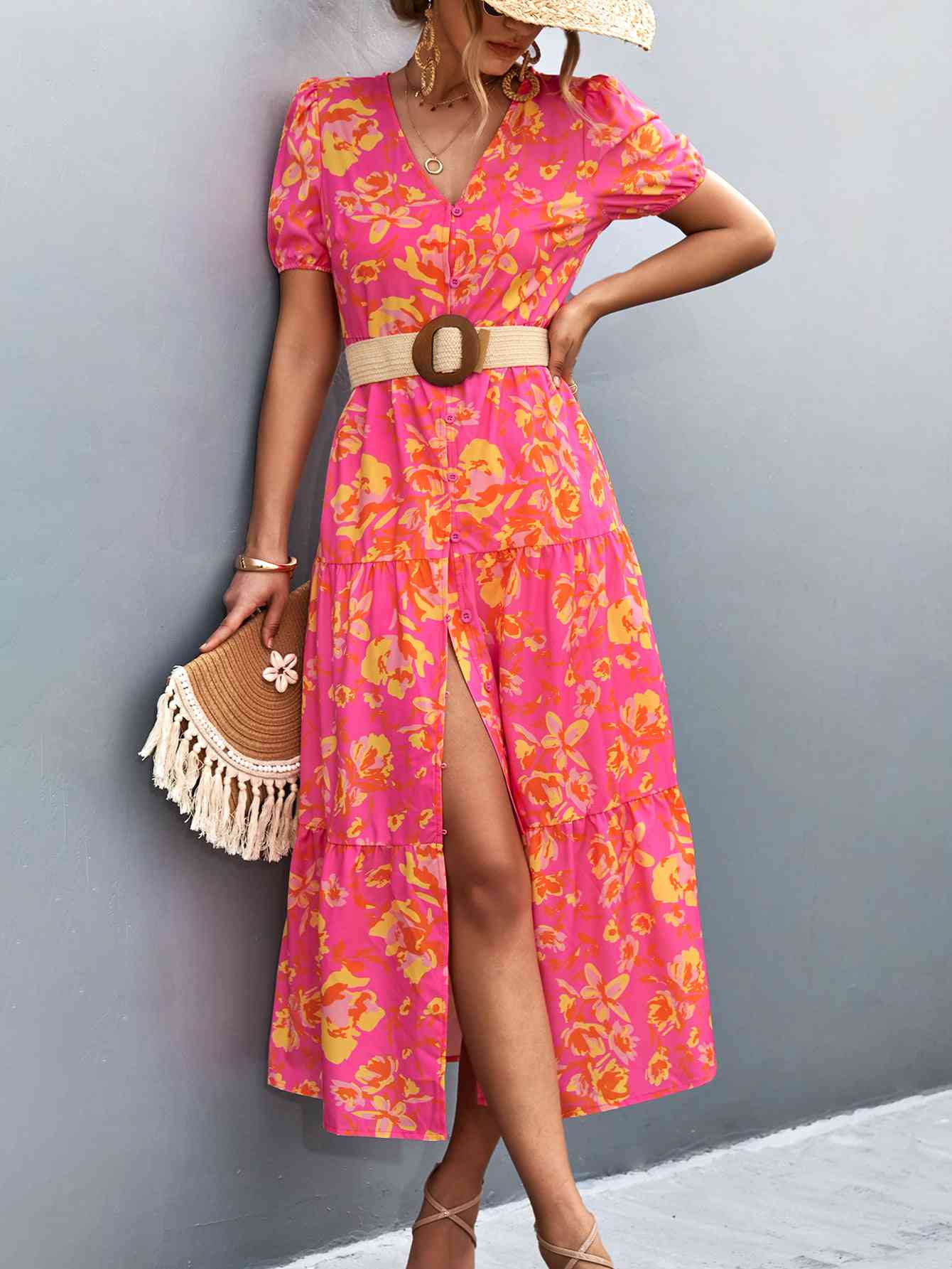 Heidi-Mode | V-Ausschnitt Kurzarm Hohe Schlitz Midi Kleid - Image 9