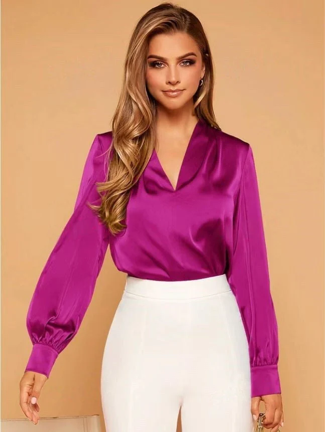 Heidi-Mode | V-Ausschnitt Langarm Satin Bluse - Image 11