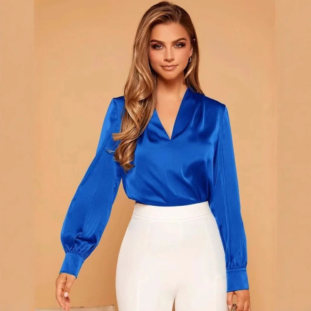Heidi-Mode | V-Ausschnitt Langarm Satin Bluse - Image 3