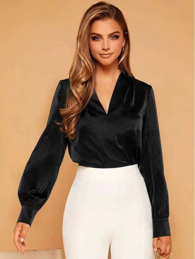 Heidi-Mode | V-Ausschnitt Langarm Satin Bluse - Image 6