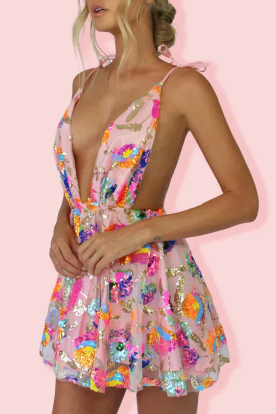 Heidi-Mode | V-Ausschnitt Offene Rücken Pailletten Blumen Binde A-Linie Mini Kleid - Image 11