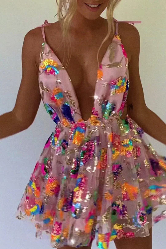 Heidi-Mode | V-Ausschnitt Offene Rücken Pailletten Blumen Binde A-Linie Mini Kleid - Image 13