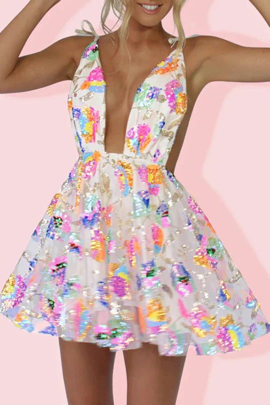 Heidi-Mode | V-Ausschnitt Offene Rücken Pailletten Blumen Binde A-Linie Mini Kleid - Image 9