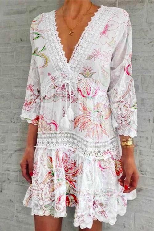 Heidi-Mode | Rosiedress V-Ausschnitt Spitze Besatz Quasten Schwungkleid - Image 3
