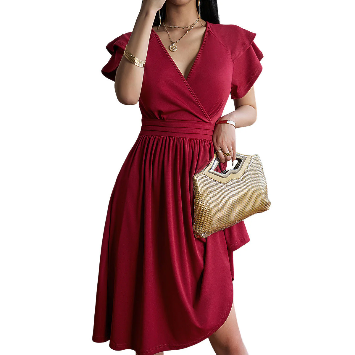Heidi-Mode | V-Neck Solid Color Short Sleeve Dress For Women - Image 3