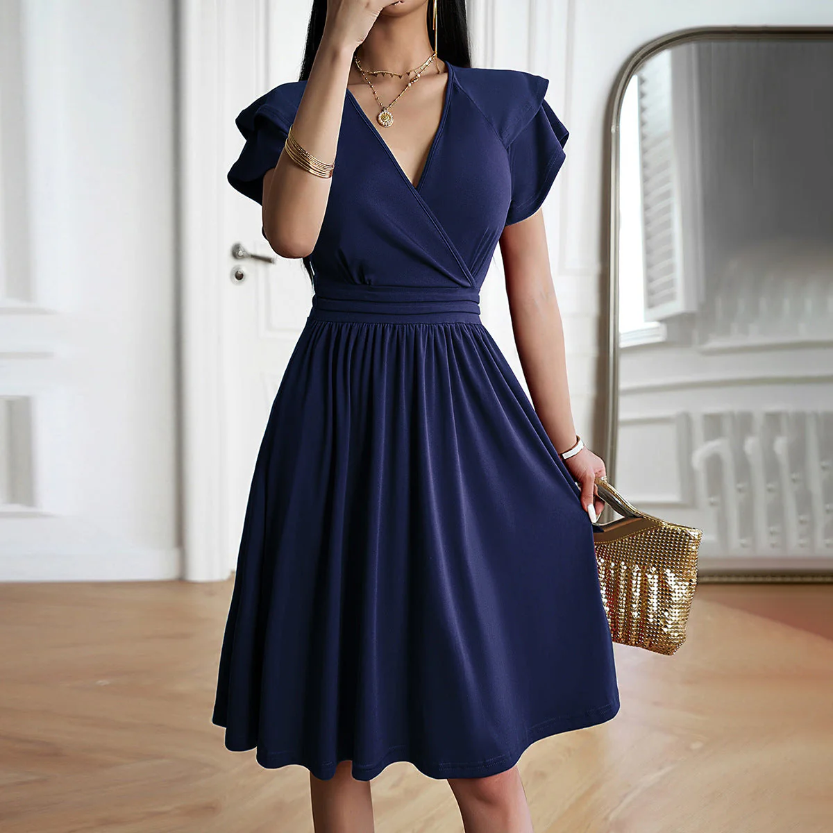 Heidi-Mode | V-Neck Solid Color Short Sleeve Dress For Women - Image 5
