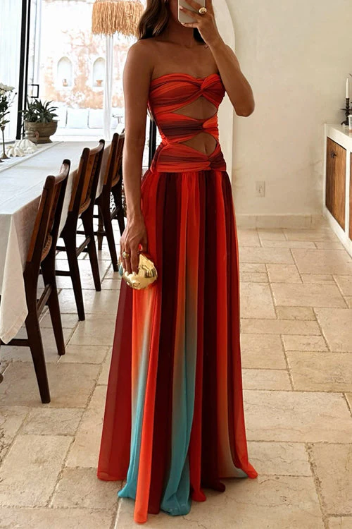 Heidi-Mode | Strapless Twist Front Cut Out Farbiges Mesh Maxi Kleid - Image 2